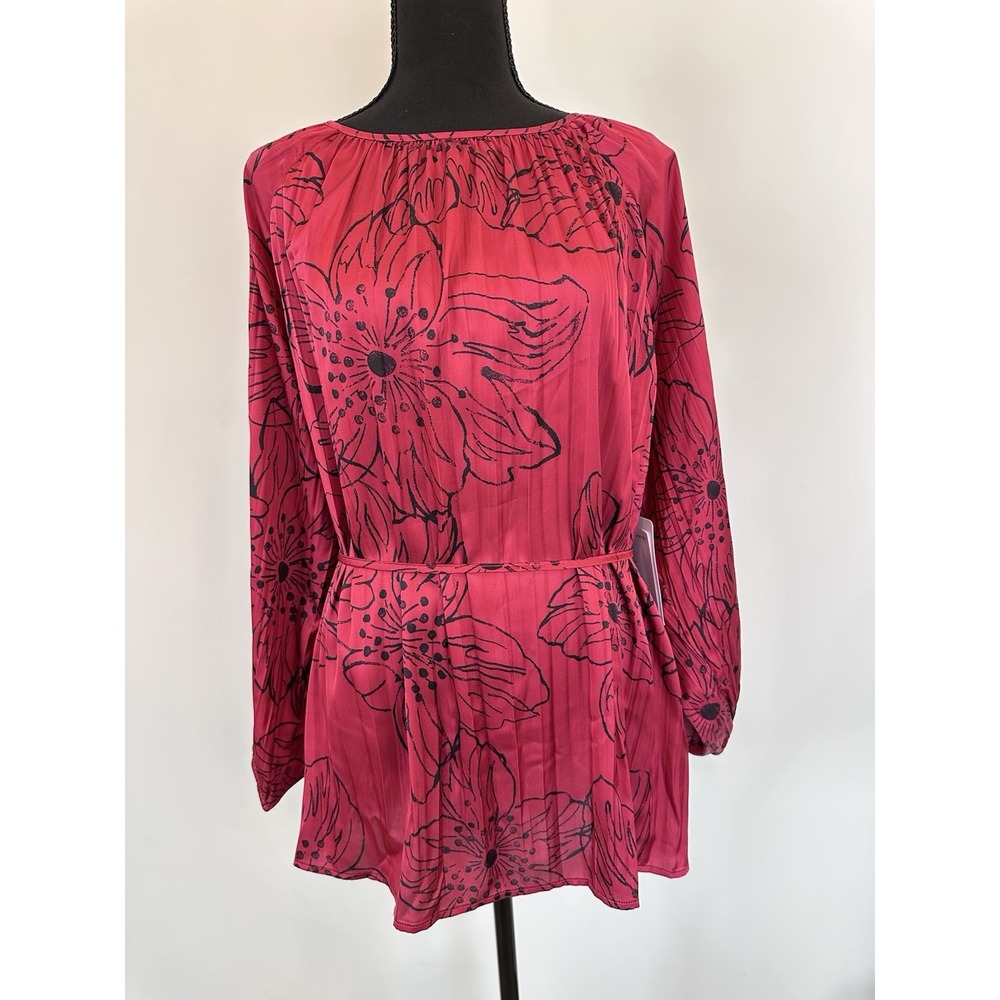 Kate & Mallory Womens 1X Red Floral Print Satin Tie Waist Dressy Crinkle Top